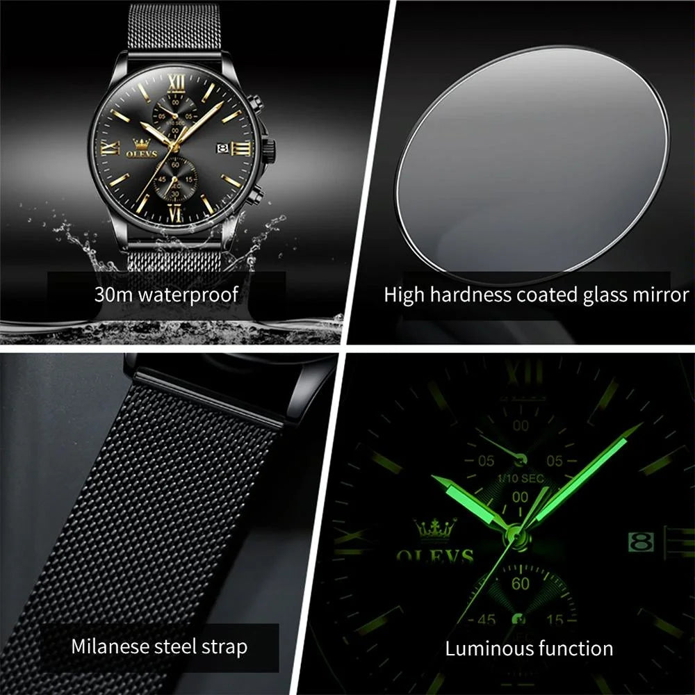 Waterproof Men Chronograph Quartz Watch with Luminous Dial