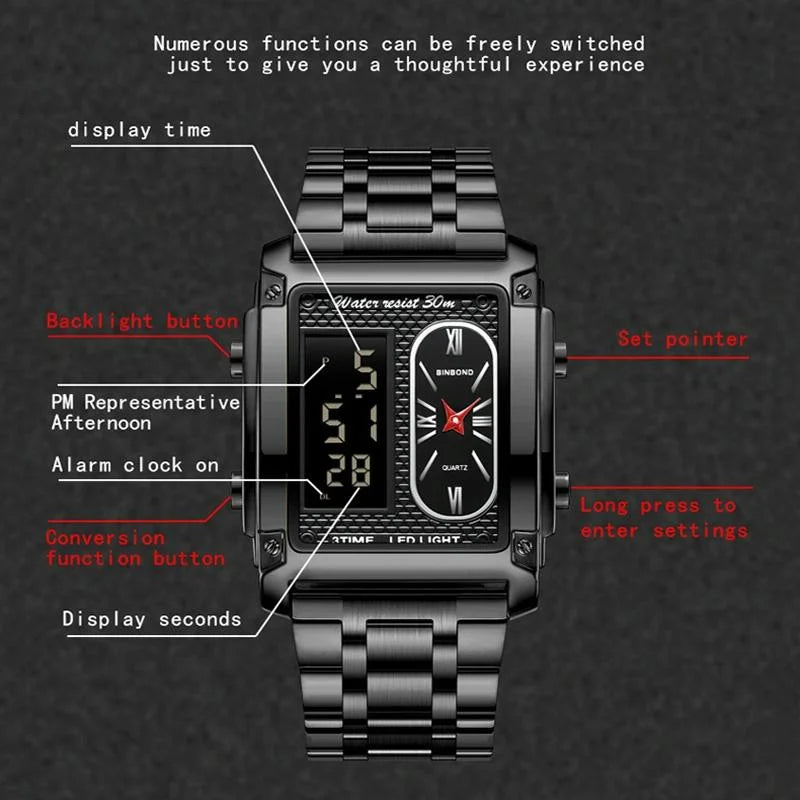 Waterproof Men Led Quartz Watch - Multifunctional Luminous