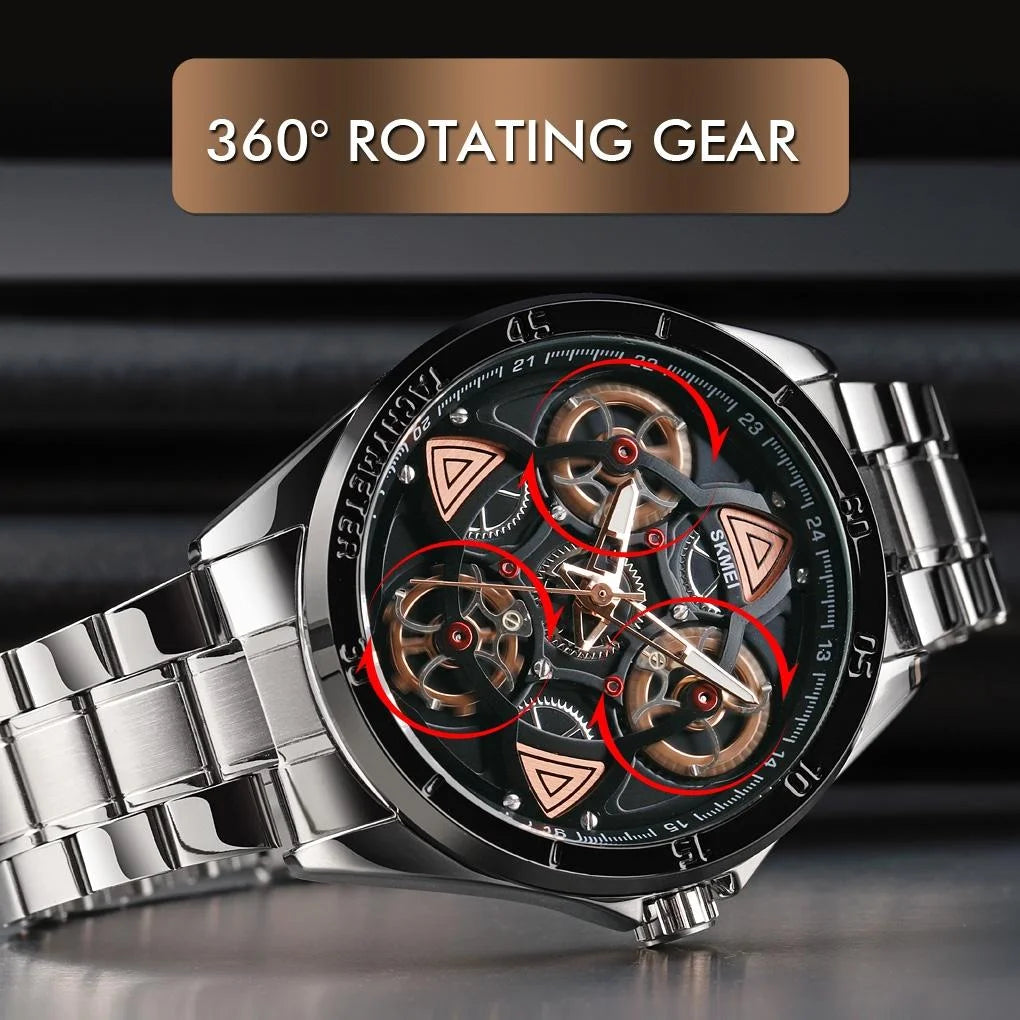 Waterproof Men Quartz Watch with Rotatable Gear Dial - Rose