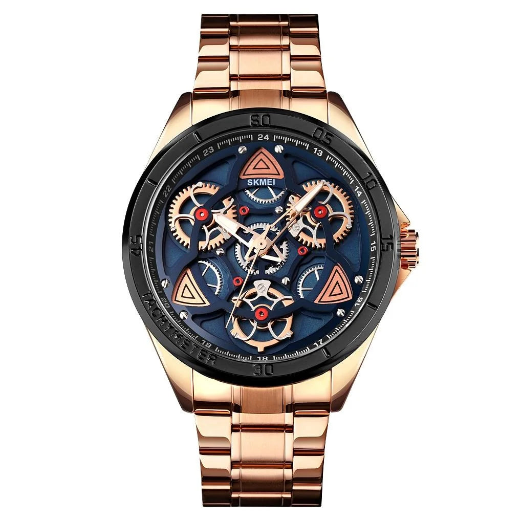 Waterproof Men Quartz Watch with Rotatable Gear Dial - Rose