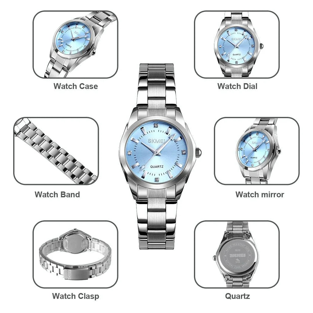 Waterproof Quartz Women Watch with Rhinestone Steel Strap