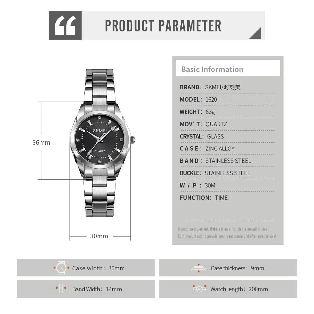Waterproof Quartz Women Watch with Rhinestone Steel Strap