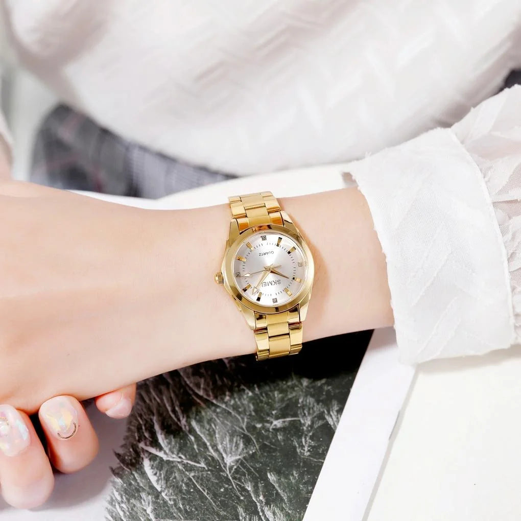 Waterproof Quartz Women Watch with Rhinestone Steel Strap