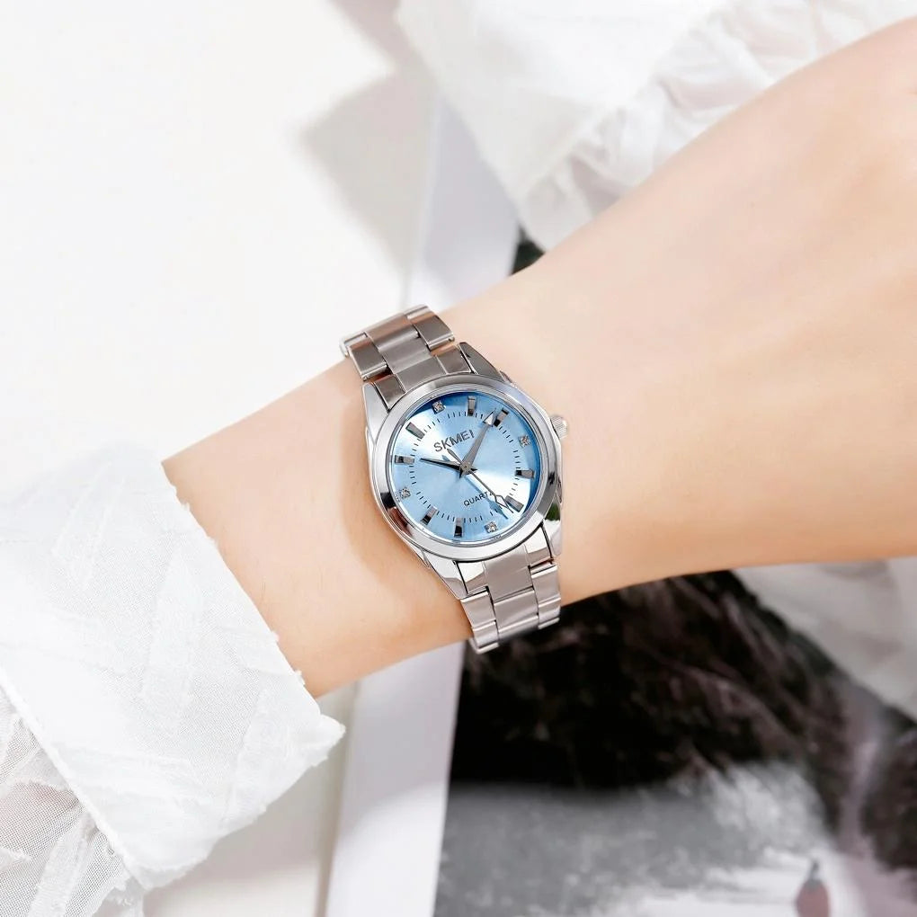 Waterproof Quartz Women Watch with Rhinestone Steel Strap