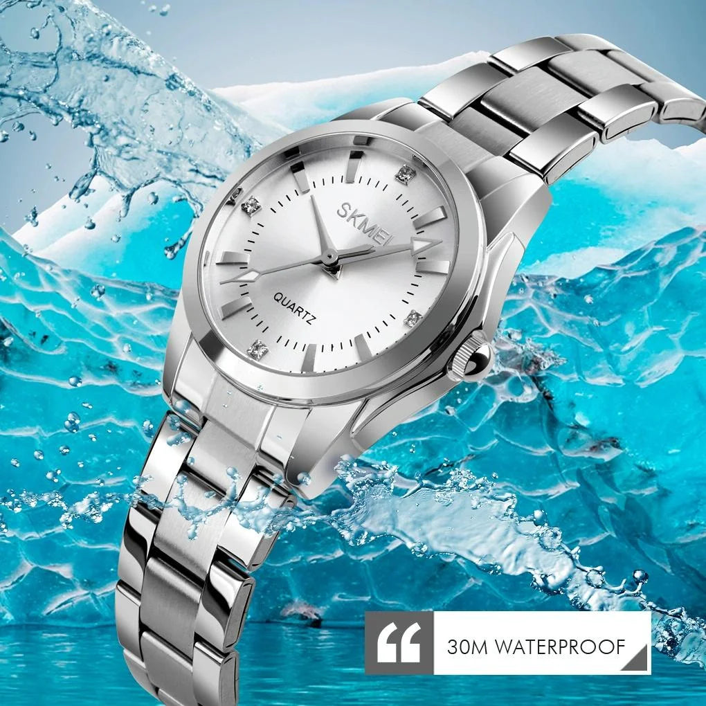 Waterproof Quartz Women Watch with Rhinestone Steel Strap