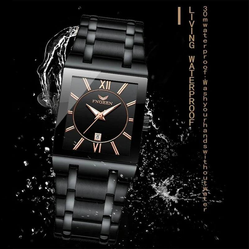 Waterproof Square Men Watch with Calendar - 50m - Black