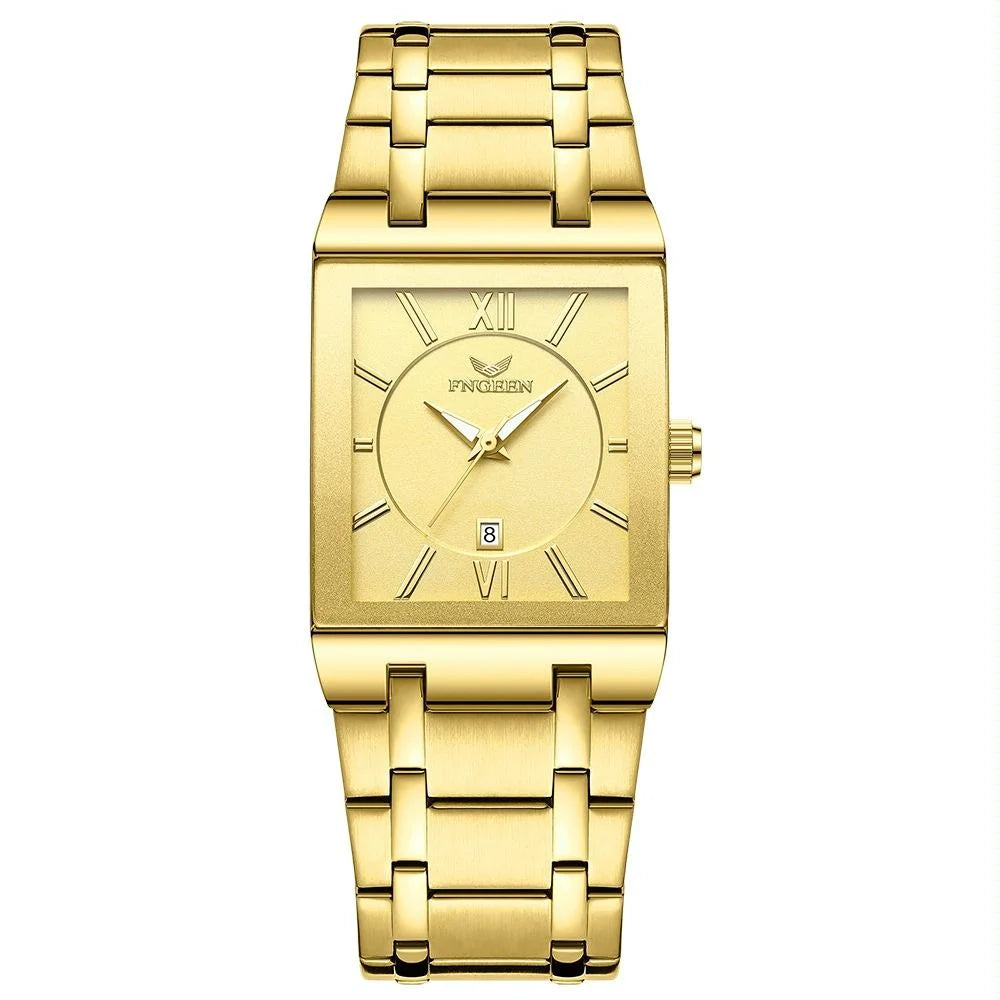Waterproof Square Men Watch with Calendar - 50m - Full Gold