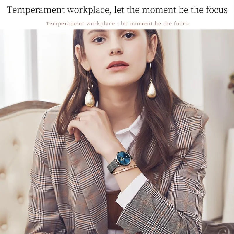 Waterproof Women Quartz Watch with Steel Strap - Black
