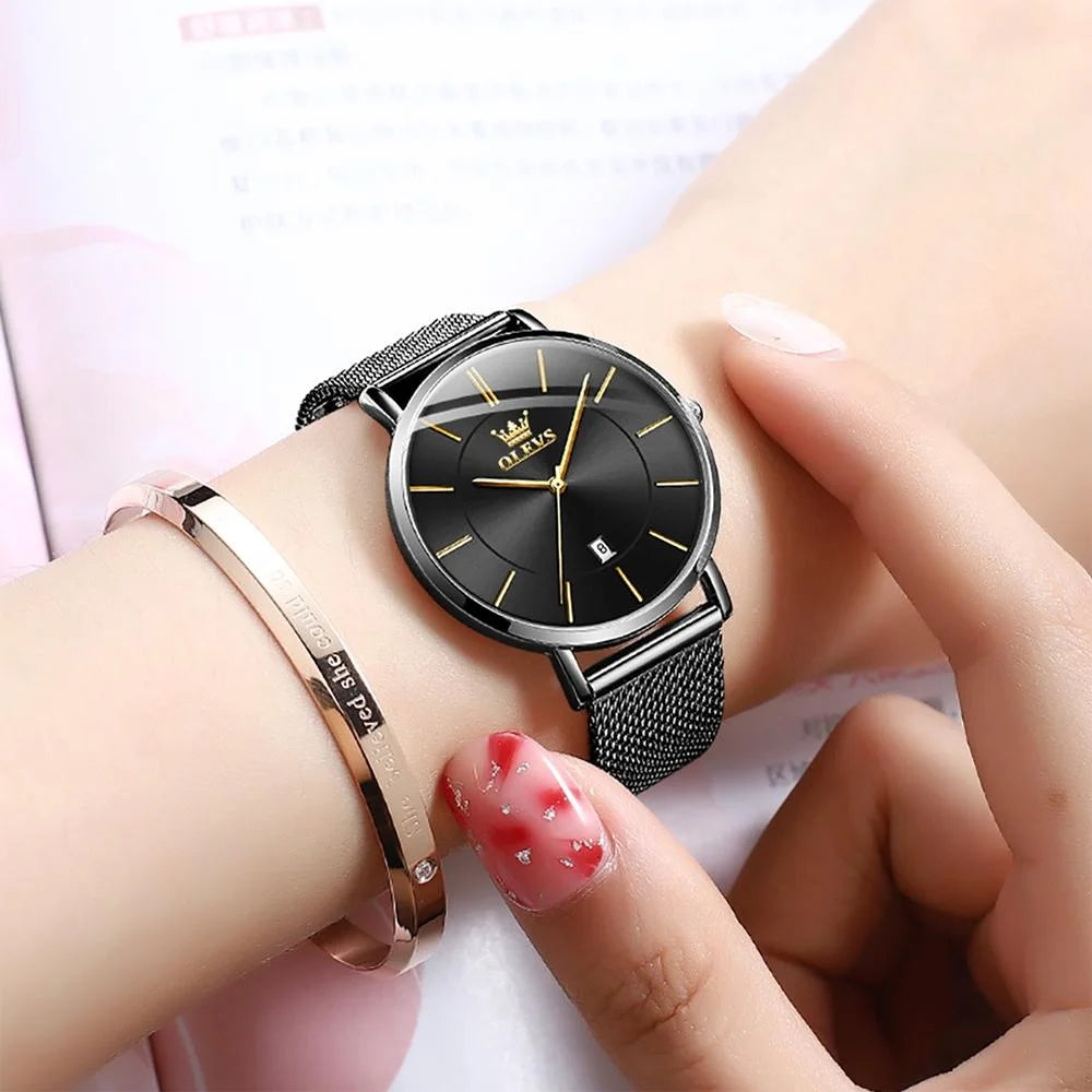 Waterproof Women Quartz Watch with Steel Strap - Black