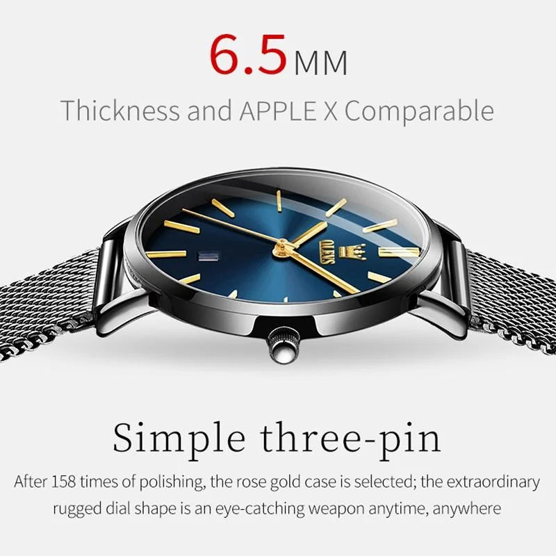 Waterproof Women Quartz Watch with Steel Strap - Blue