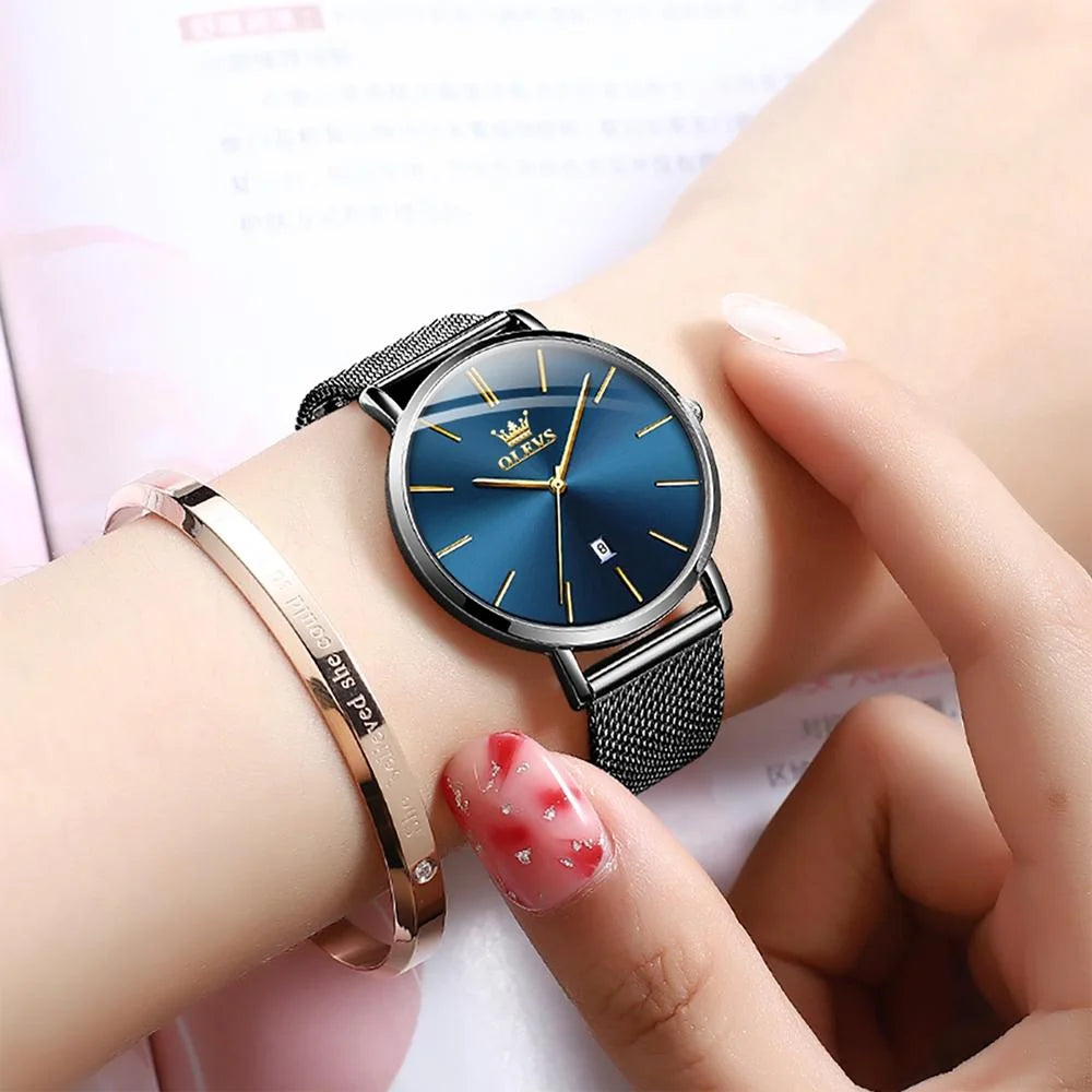 Waterproof Women Quartz Watch with Steel Strap - Blue