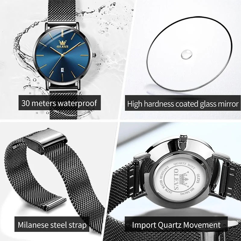 Waterproof Women Quartz Watch with Steel Strap - Blue