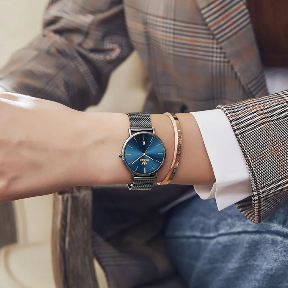 Waterproof Women Quartz Watch with Steel Strap - Blue