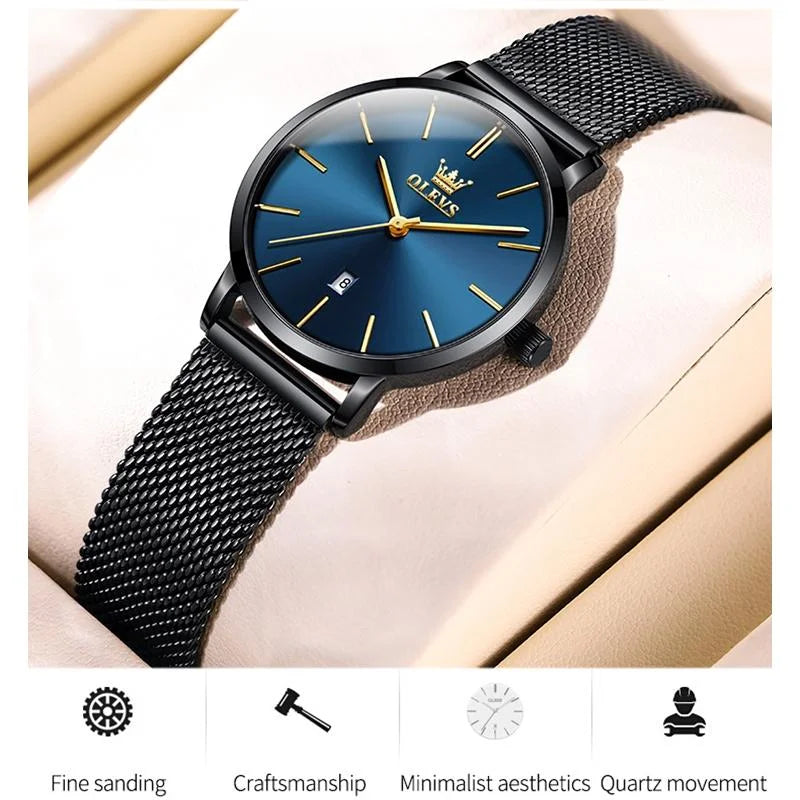 Waterproof Women Quartz Watch with Steel Strap - Blue
