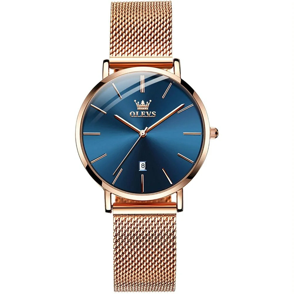 Waterproof Women Quartz Watch with Steel Strap - Blue