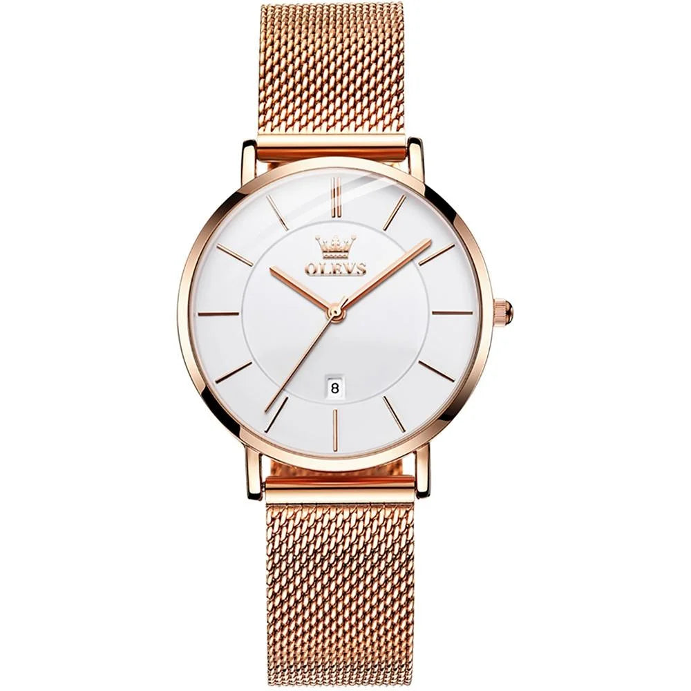 Waterproof Women Quartz Watch with Steel Strap - White