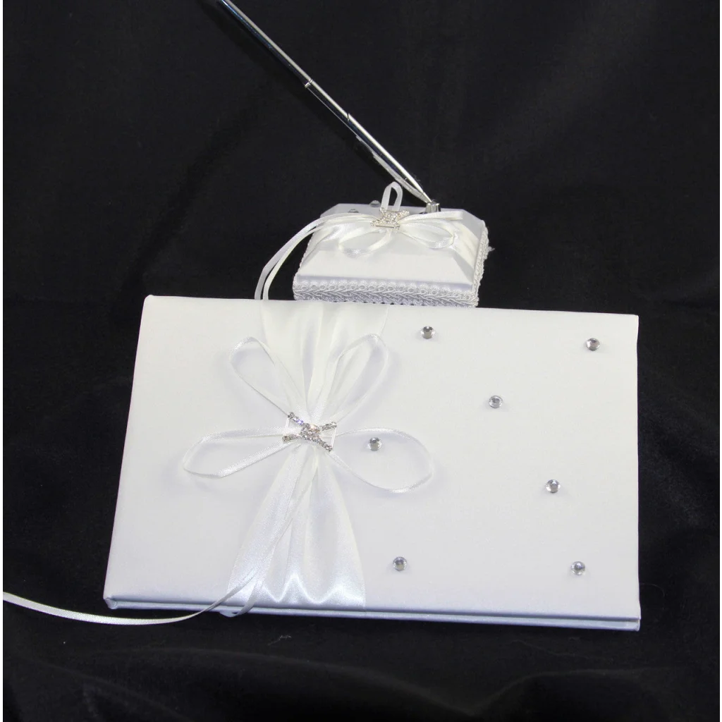 Wedding Guest Book Register White with Silver Pen & Stand