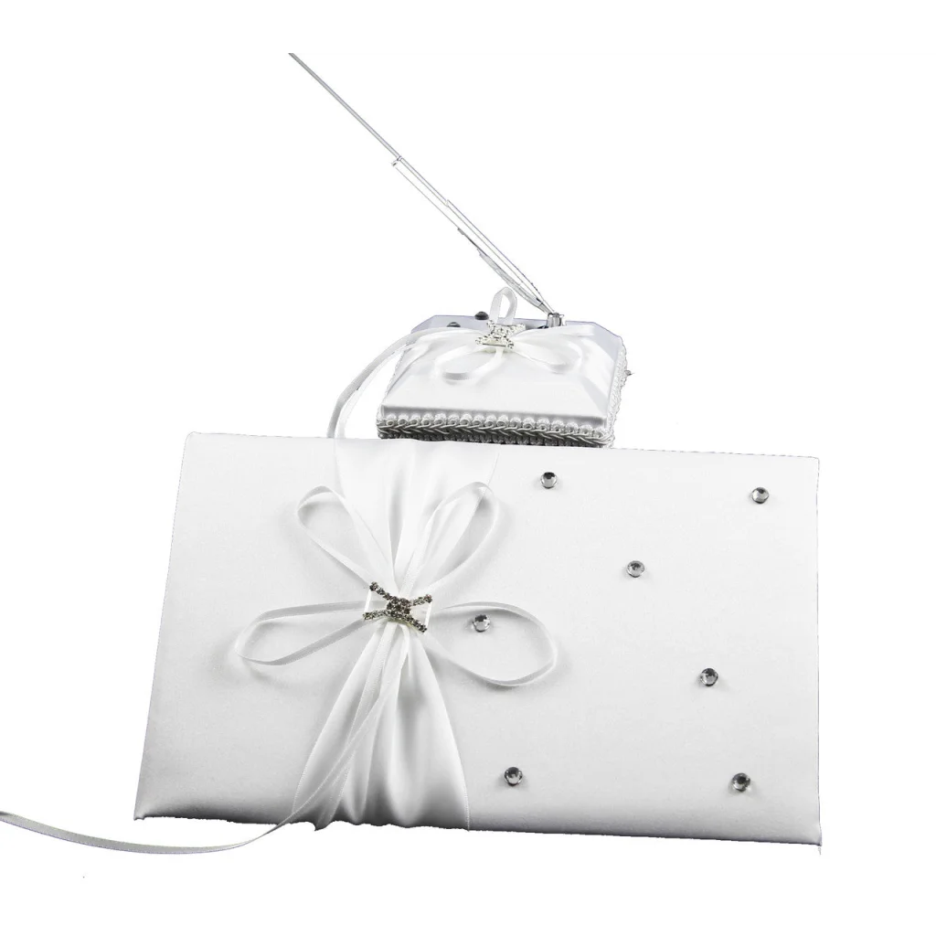 Wedding Guest Book Register White with Silver Pen & Stand