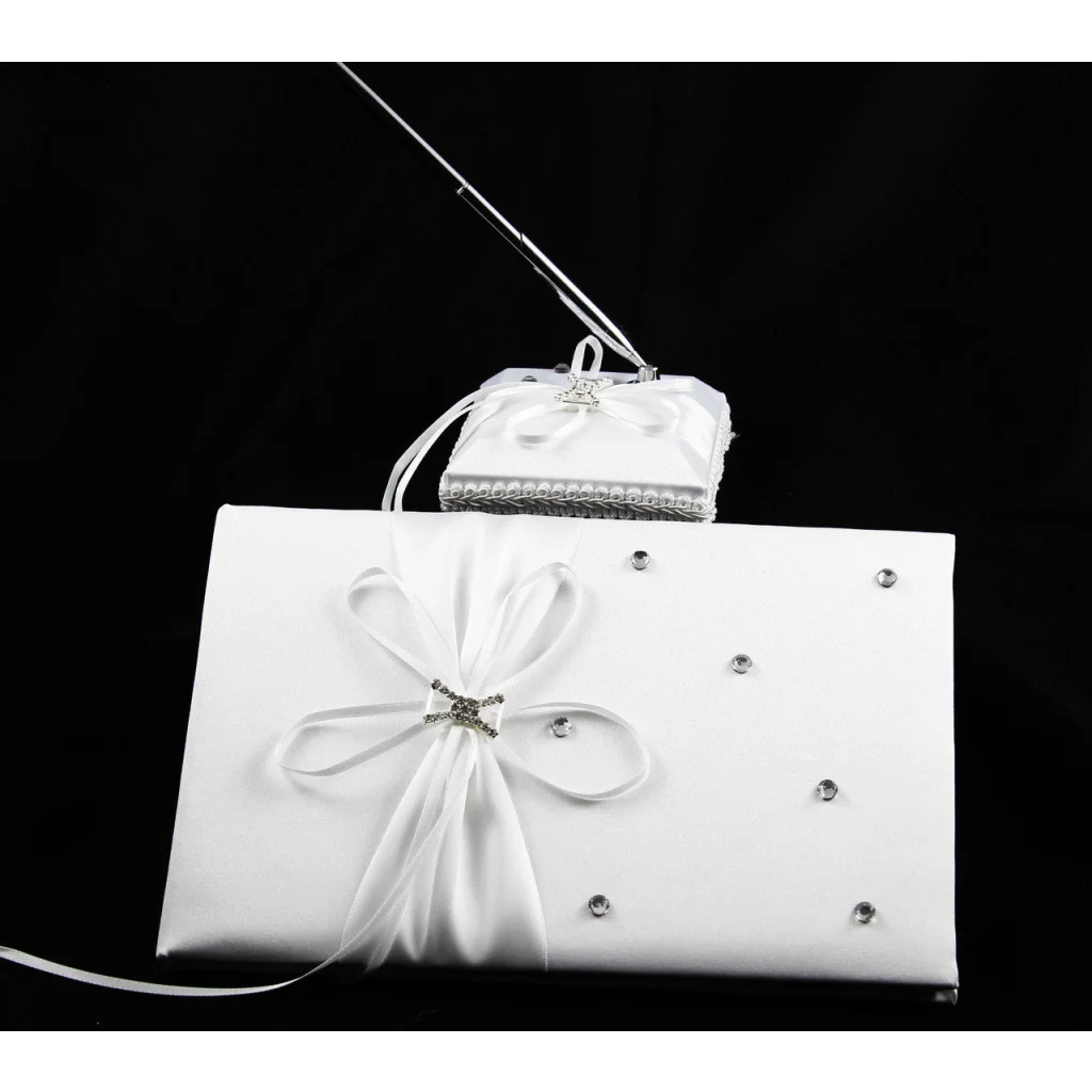 Wedding Guest Book Register White with Silver Pen & Stand
