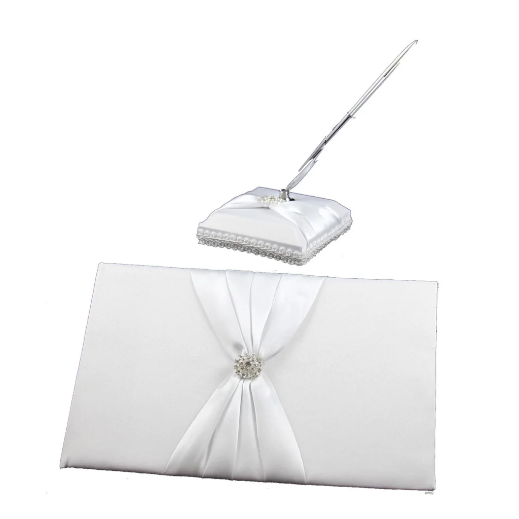 Wedding Guest Book Register White with Silver Pen & Stand