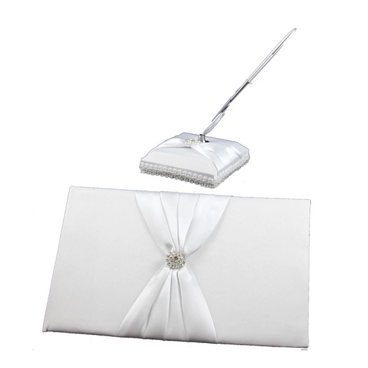 Wedding Guest Book Register White with Silver Pen & Stand