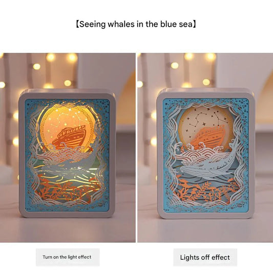 Whale Watching In The Blue Sea 3D Paper Carving Night Light