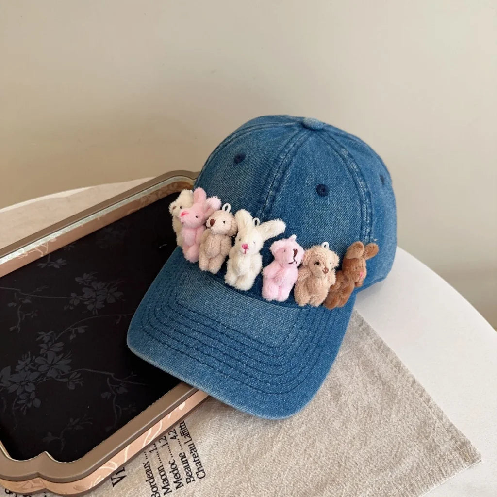 Whimsical Plush Bunny Row Denim Baseball Cap - Adjustable