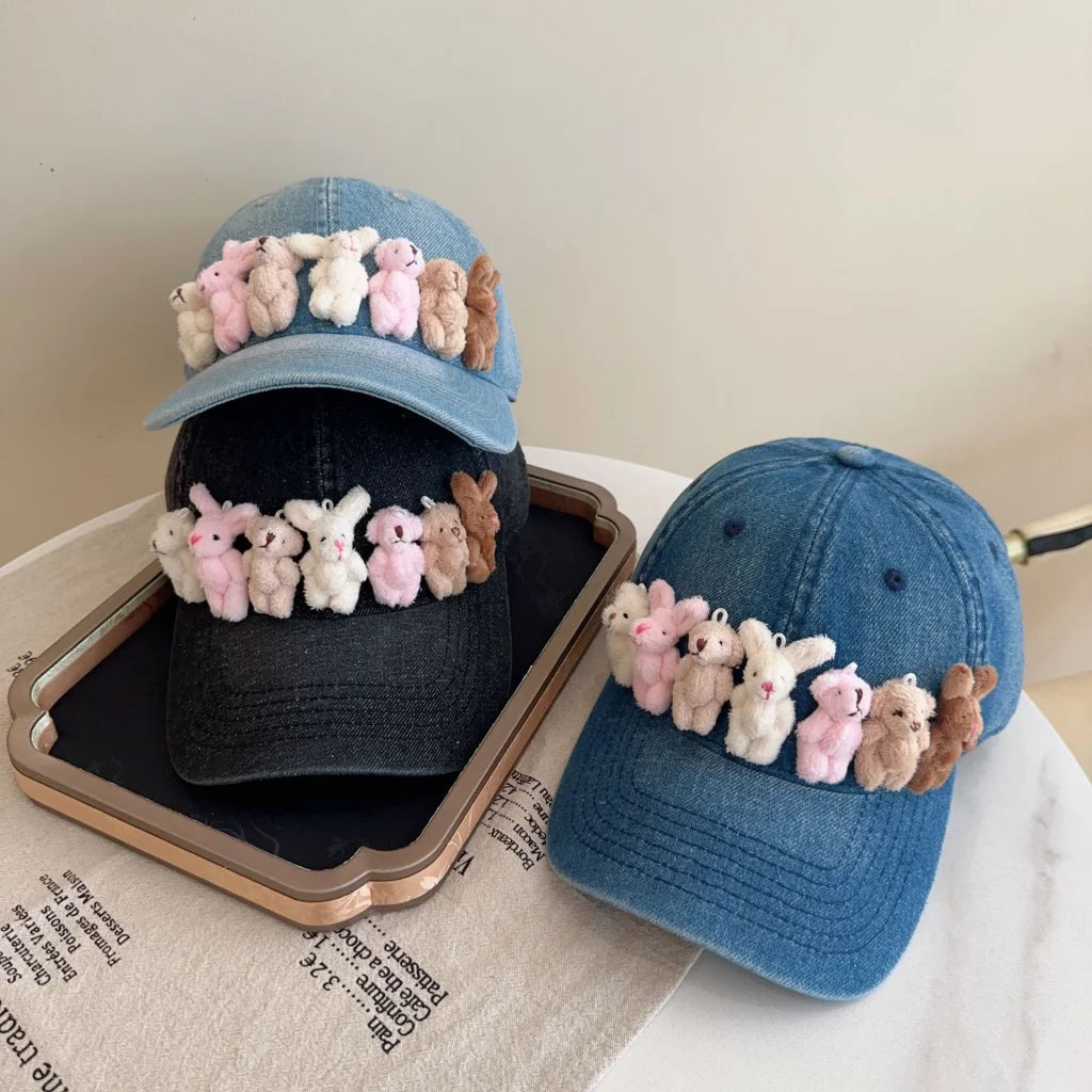 Whimsical Plush Bunny Row Denim Baseball Cap - Adjustable