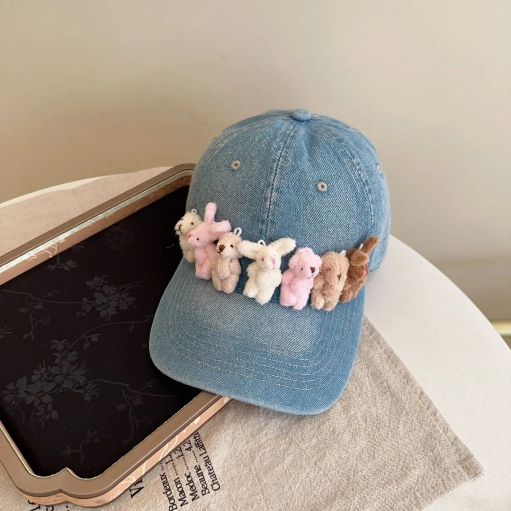 Whimsical Plush Bunny Row Denim Baseball Cap - Adjustable