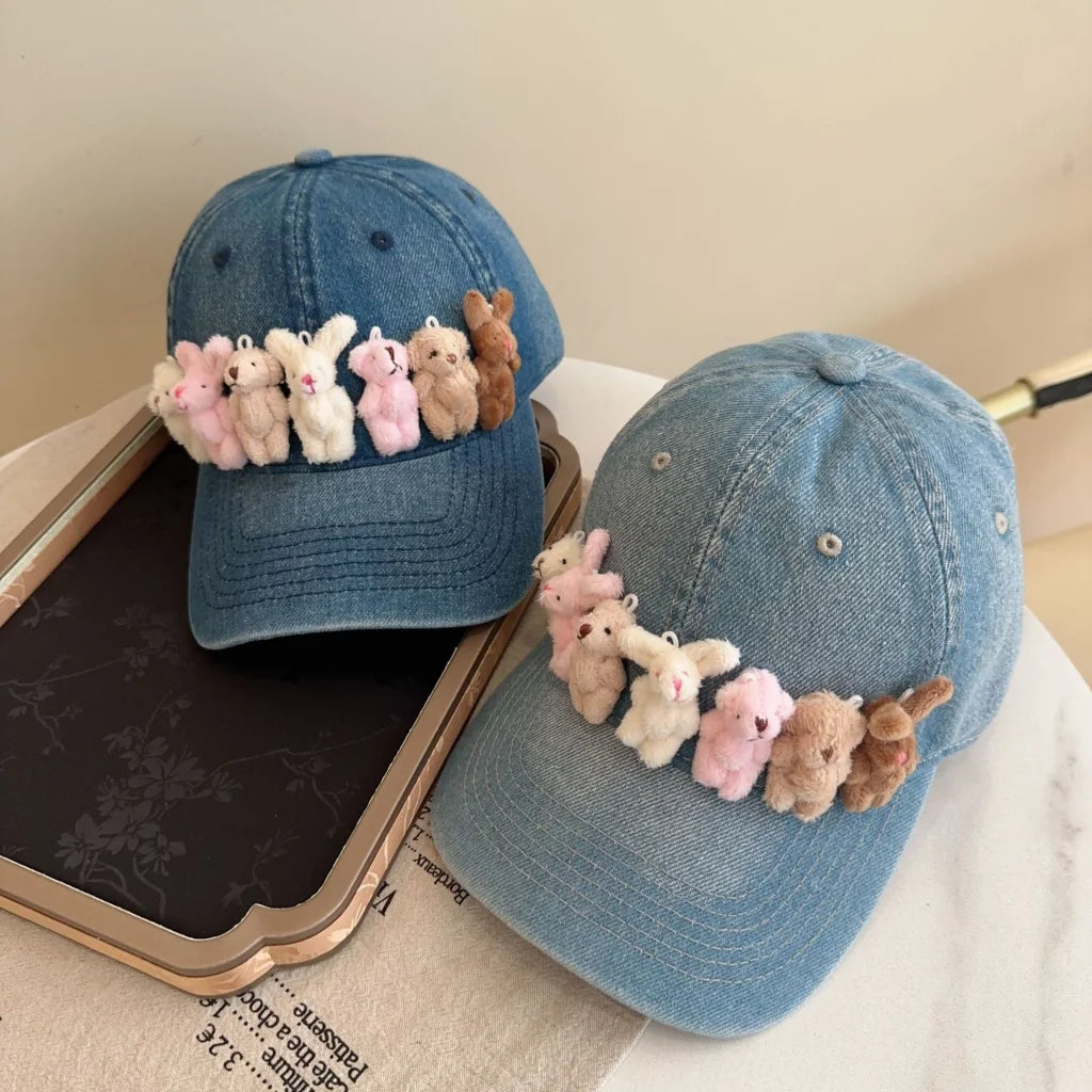 Whimsical Plush Bunny Row Denim Baseball Cap - Adjustable