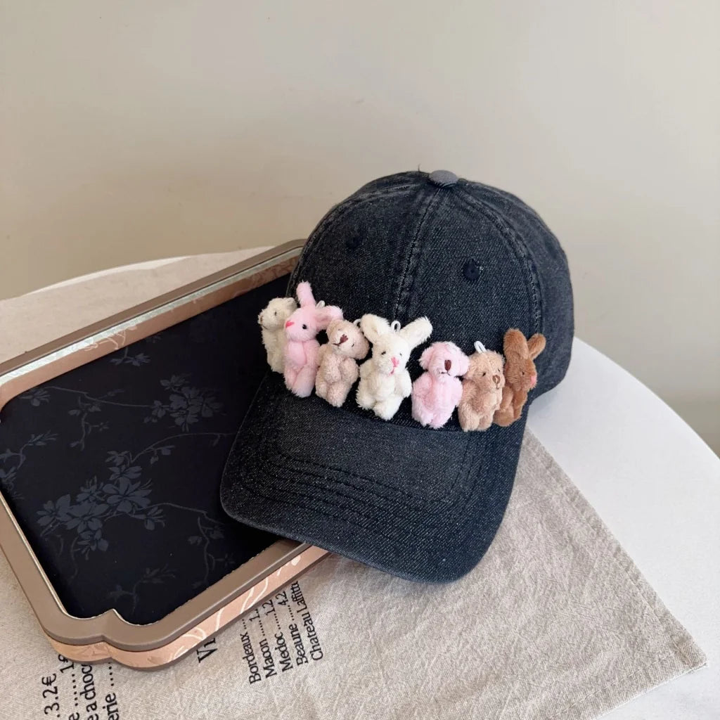 Whimsical Plush Bunny Row Denim Baseball Cap - Adjustable