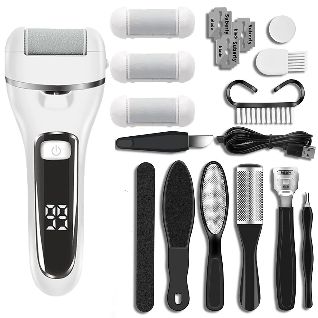 White 10 Pcs Suit Electric Foot Callus Remover with LCD