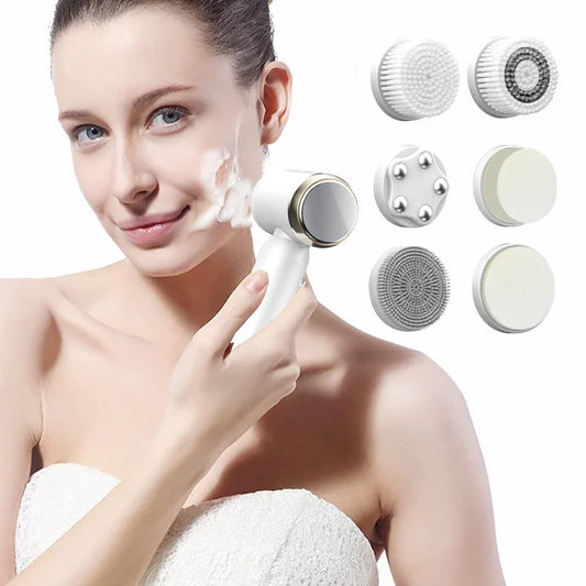 White 6-in-1 Electric Facial Cleansing Brush Set