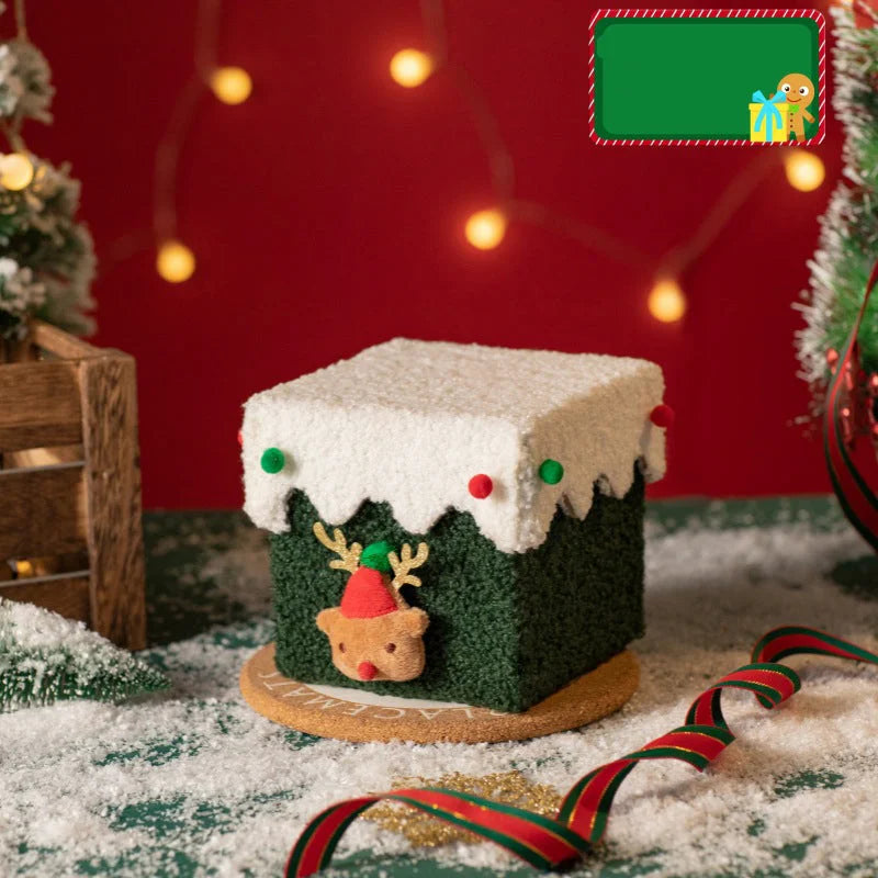 White and Green Luxe Plush Christmas Gift Box - Decorative