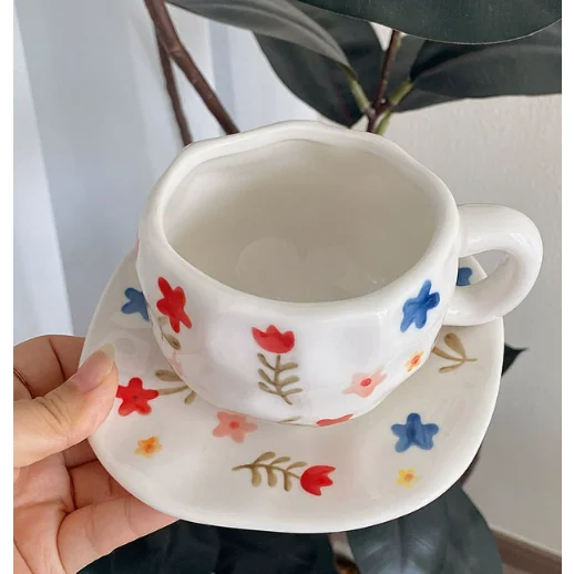 White Background Large Floral 300ML Underglaze Hand Pinched
