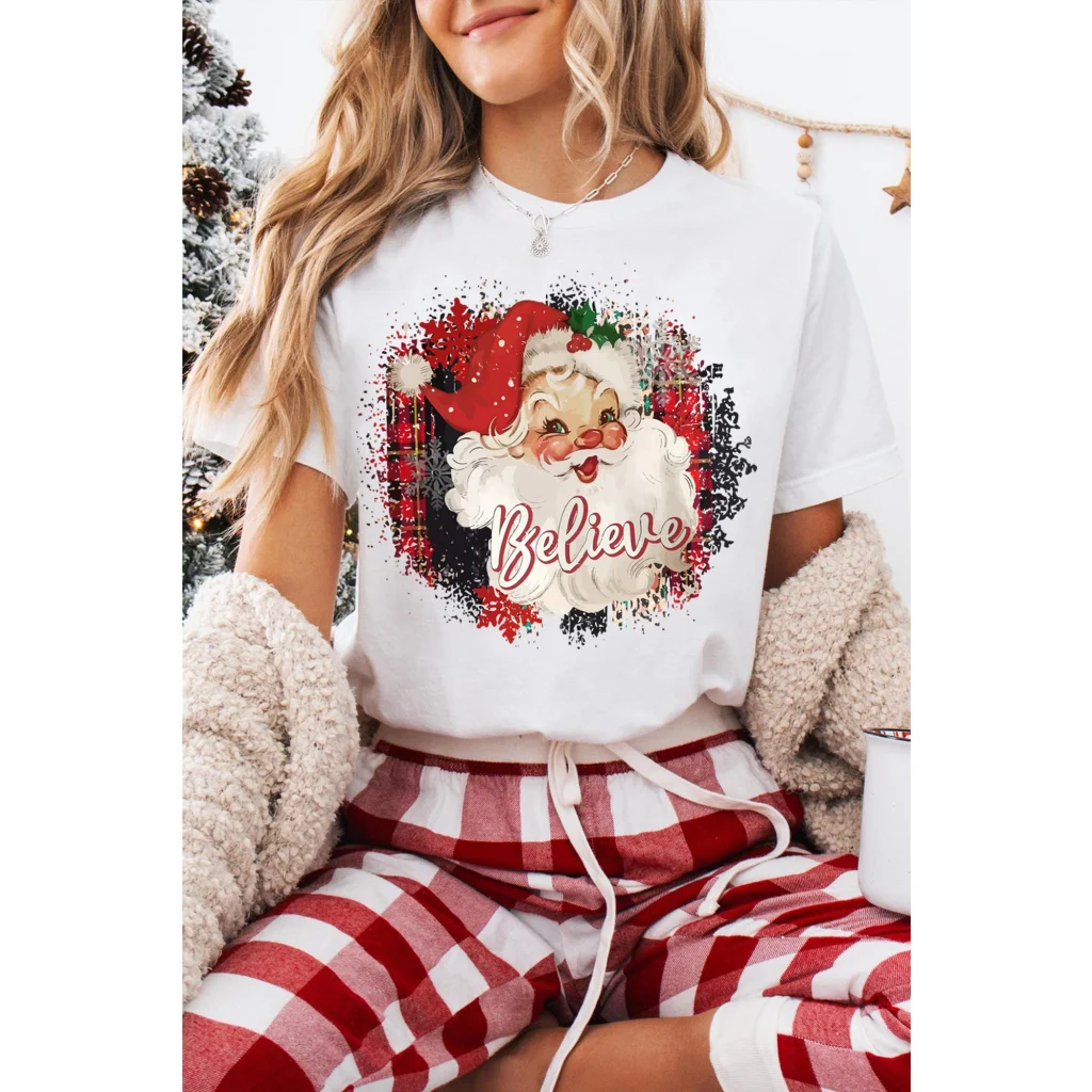 White Believe Christmas Father Graphic Crewneck T Shirt