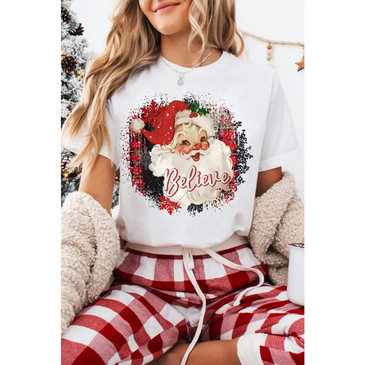 White Believe Christmas Father Graphic Crewneck T Shirt