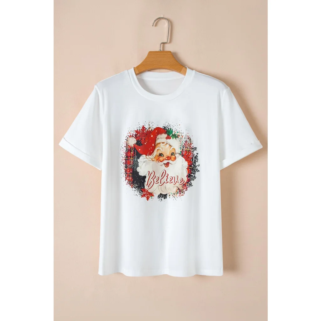 White Believe Christmas Father Graphic Crewneck T Shirt