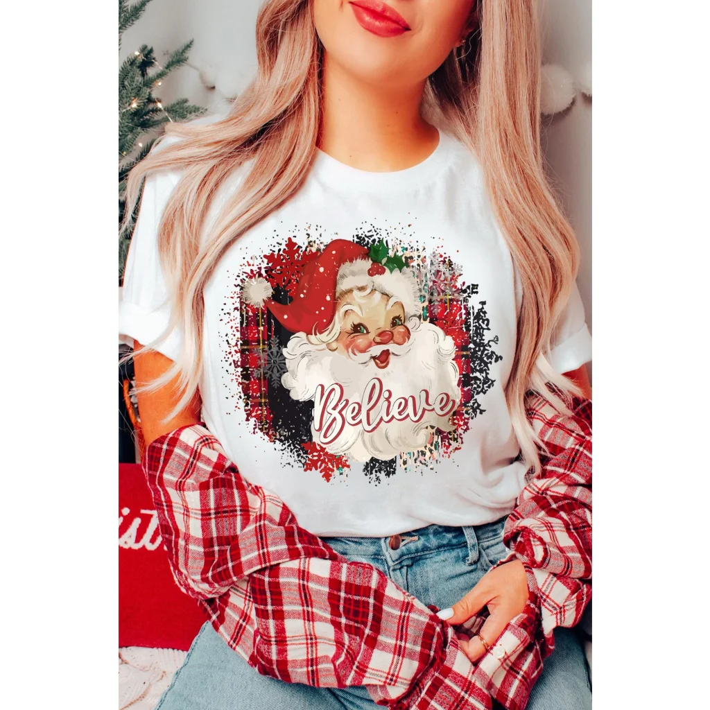 White Believe Christmas Father Graphic Crewneck T Shirt - M