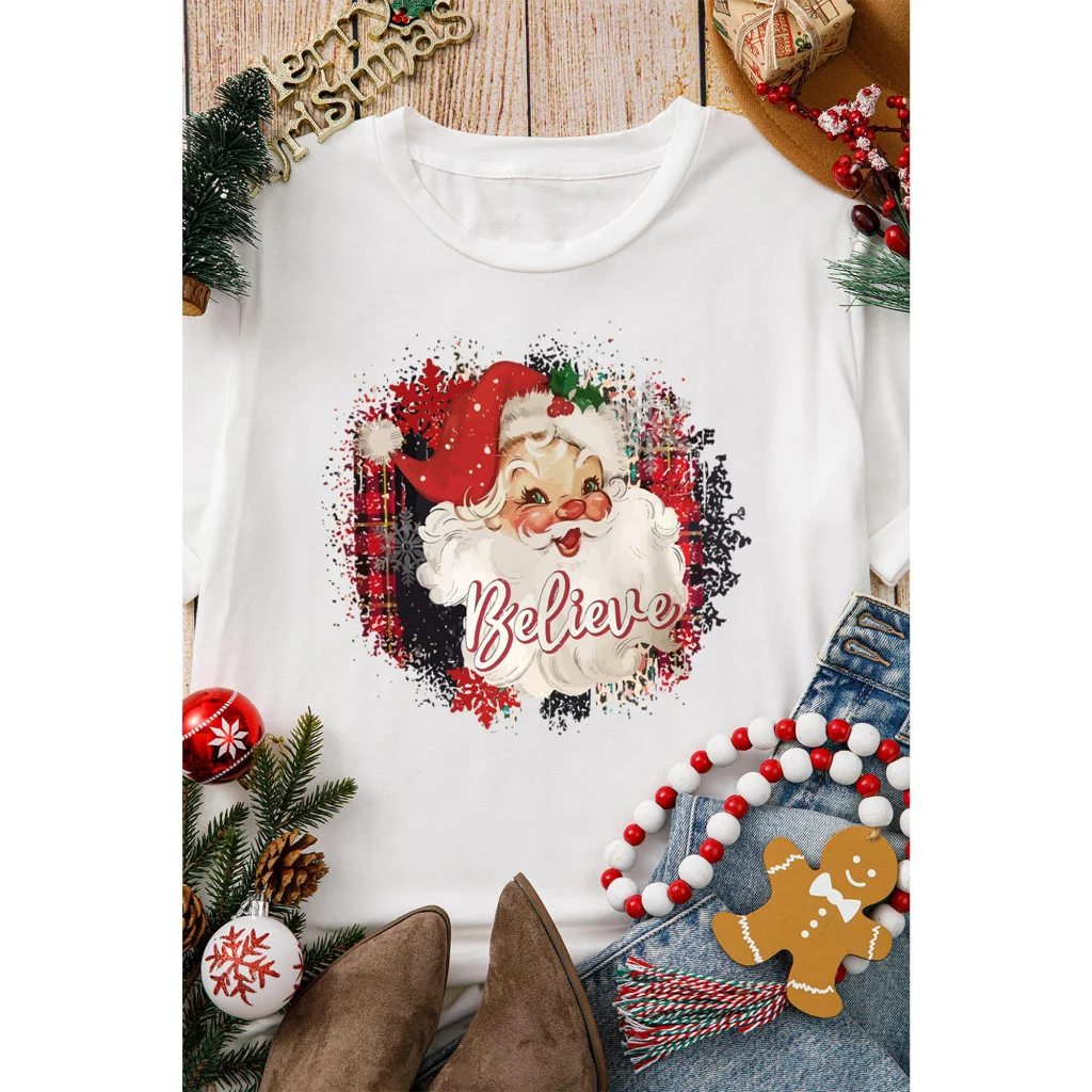 White Believe Christmas Father Graphic Crewneck T Shirt - M