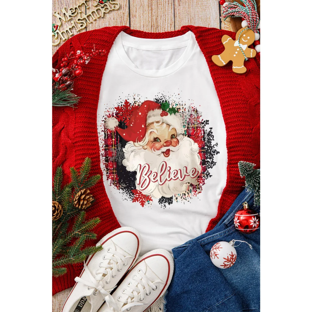 White Believe Christmas Father Graphic Crewneck T Shirt - M