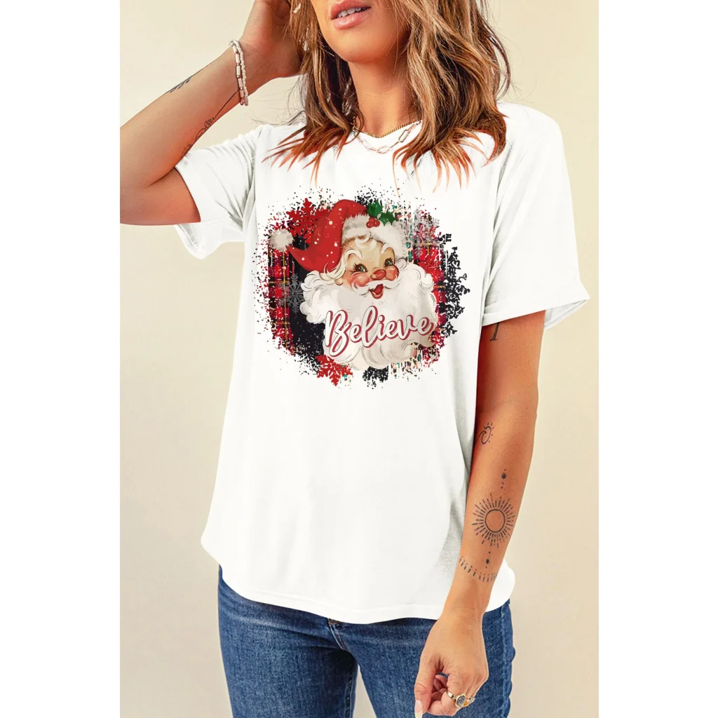 White Believe Christmas Father Graphic Crewneck T Shirt