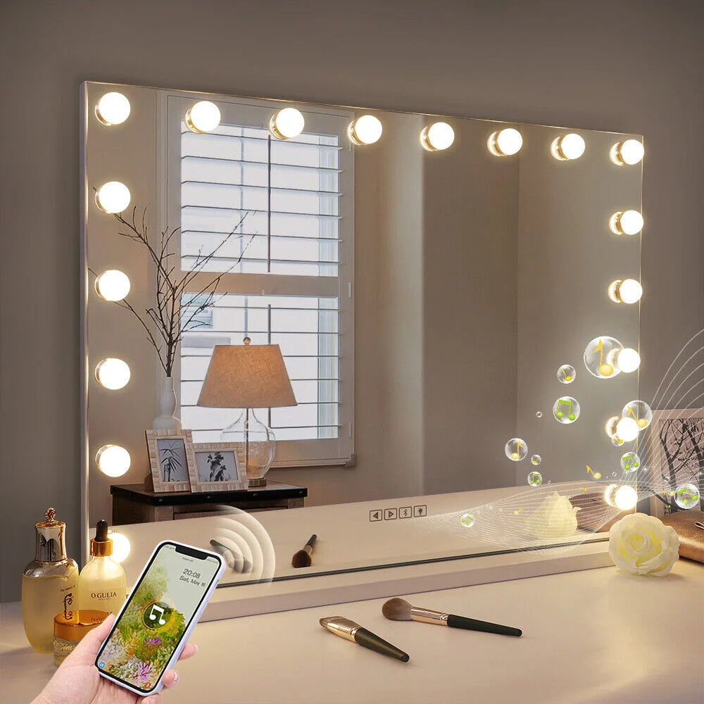 White Bluetooth Hollywood Mirror Rectangle Vanity Wall