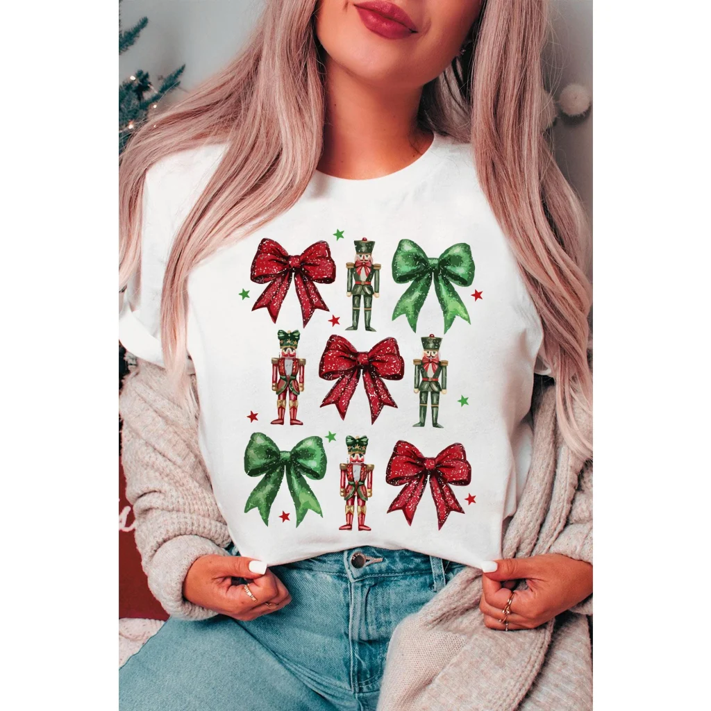 White Bowknot Nutcracker Printed Crewneck Christmas T Shirt