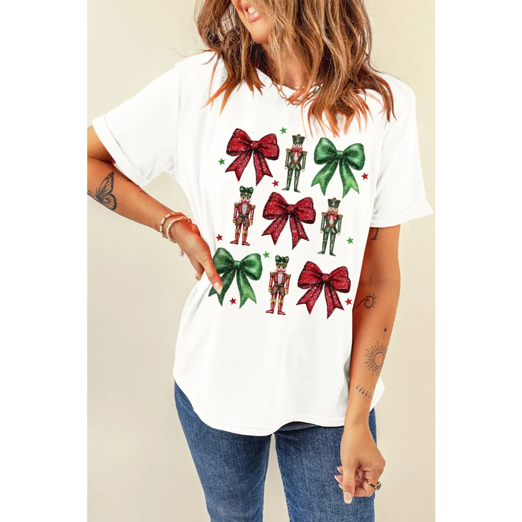White Bowknot Nutcracker Printed Crewneck Christmas T Shirt