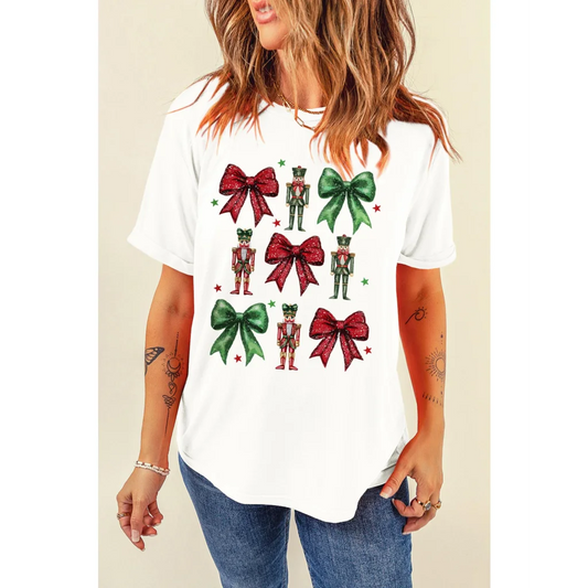 White Bowknot Nutcracker Printed Crewneck Christmas T Shirt