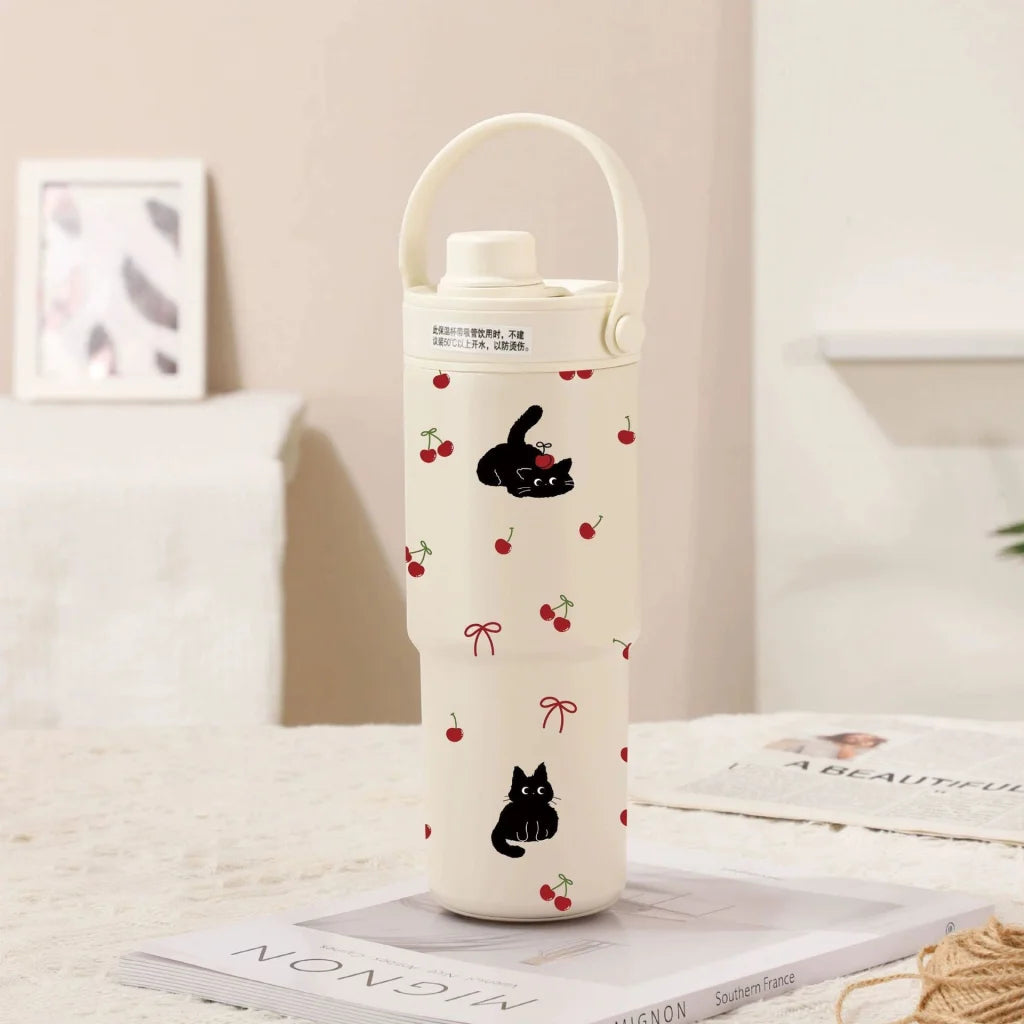 White Cherry Black Cat 30oz Ceramic Lined Insulated