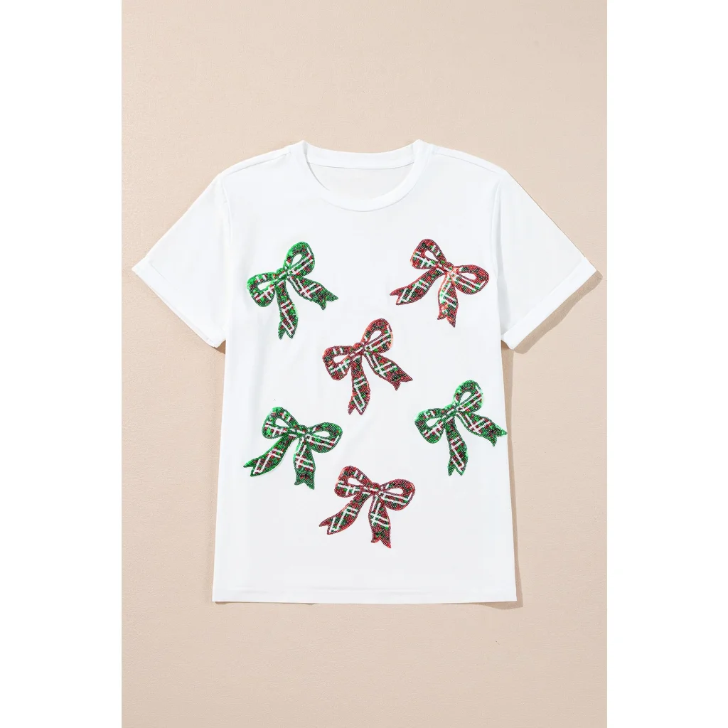 White Christmas Bowknot Graphic Cotton Blend T Shirt - 2XL