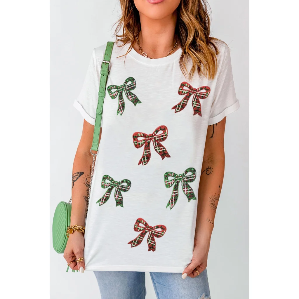 White Christmas Bowknot Graphic Cotton Blend T Shirt - 3XL