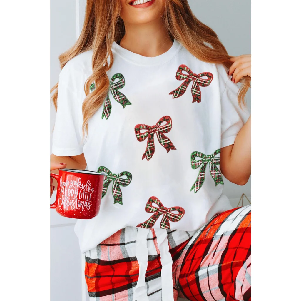 White Christmas Bowknot Graphic Cotton Blend T Shirt - XL